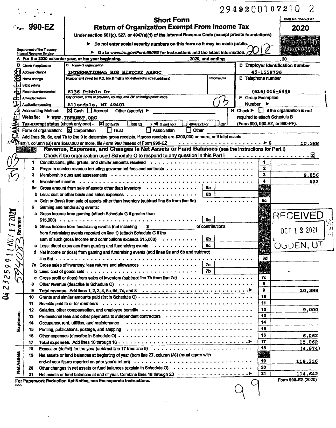 Image of first page of 2020 Form 990EZ for International Big History Association