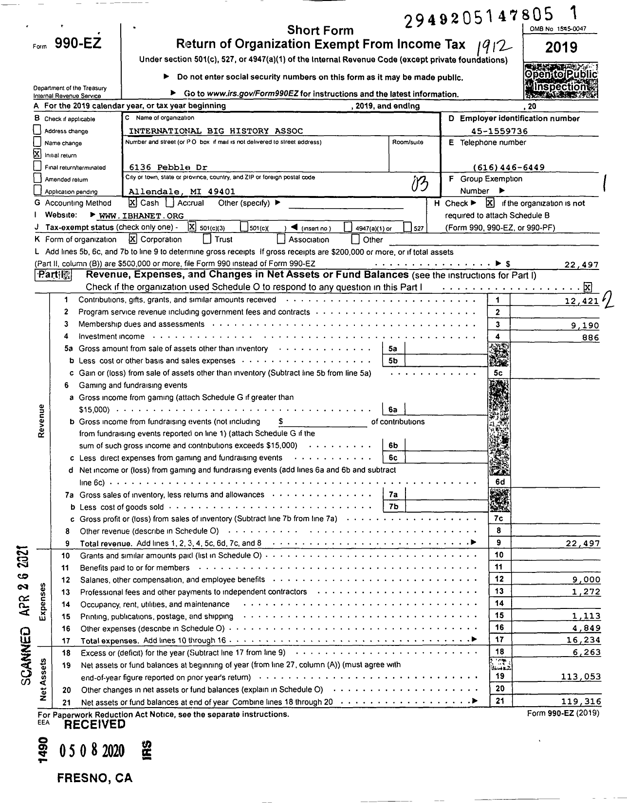 Image of first page of 2019 Form 990EZ for International Big History Association