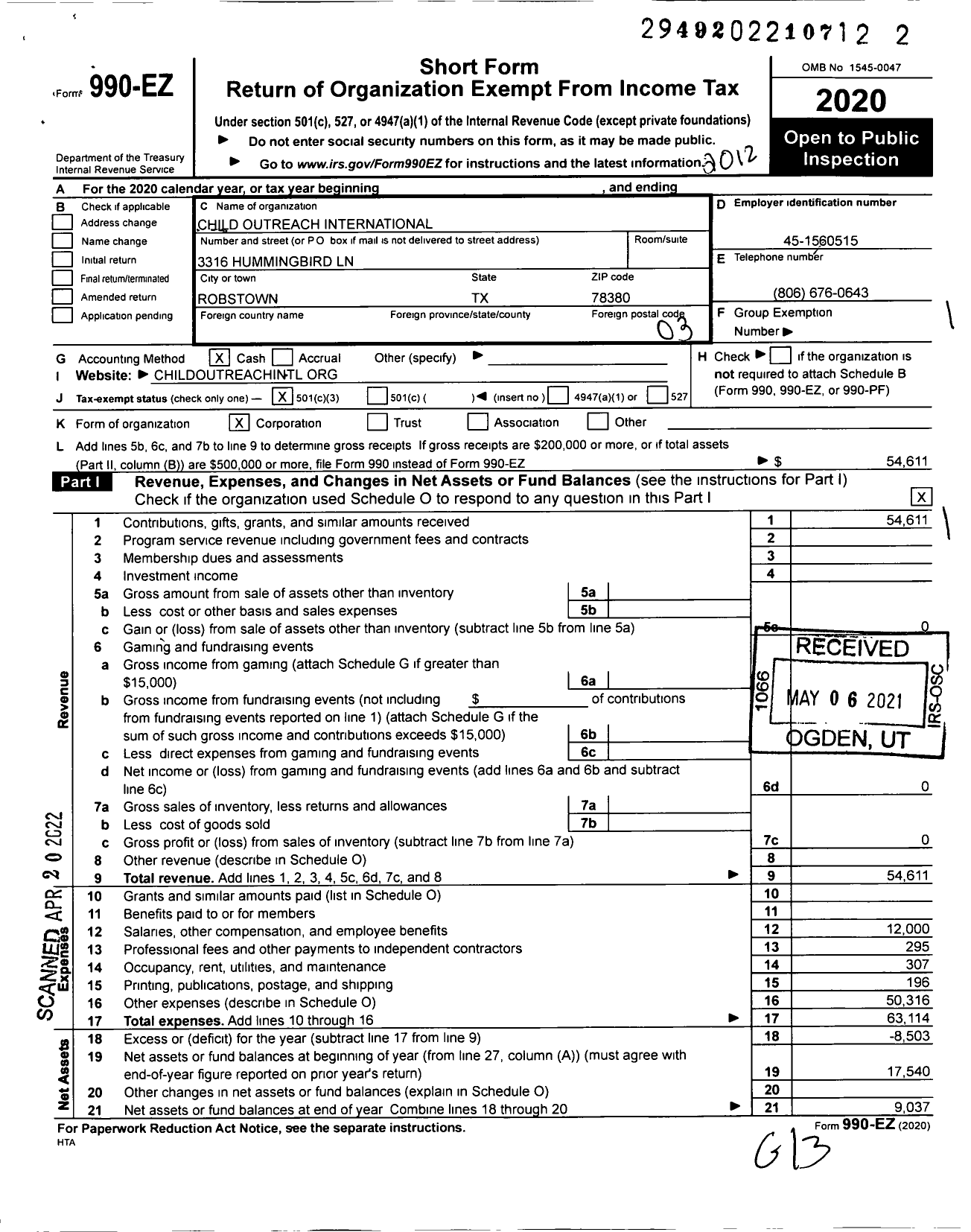 Image of first page of 2020 Form 990EZ for Child Outreach International