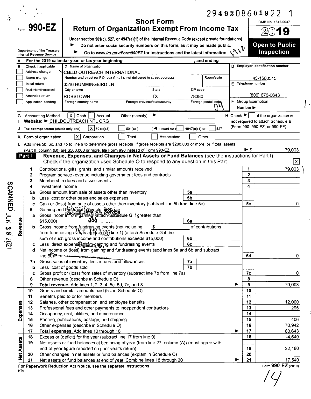 Image of first page of 2019 Form 990EO for Child Outreach International