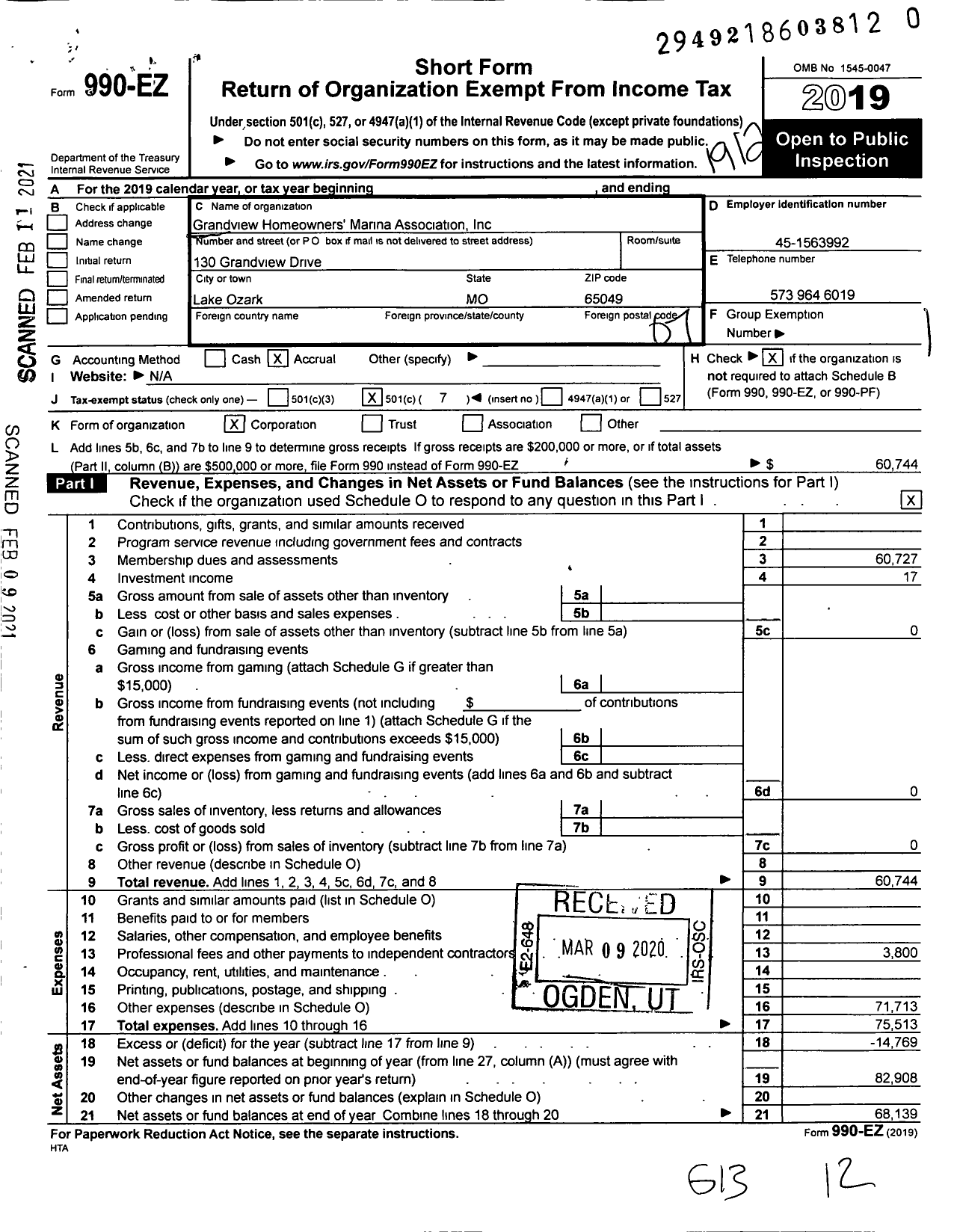 Image of first page of 2019 Form 990EO for Grandview Homeowners Marina Associaton