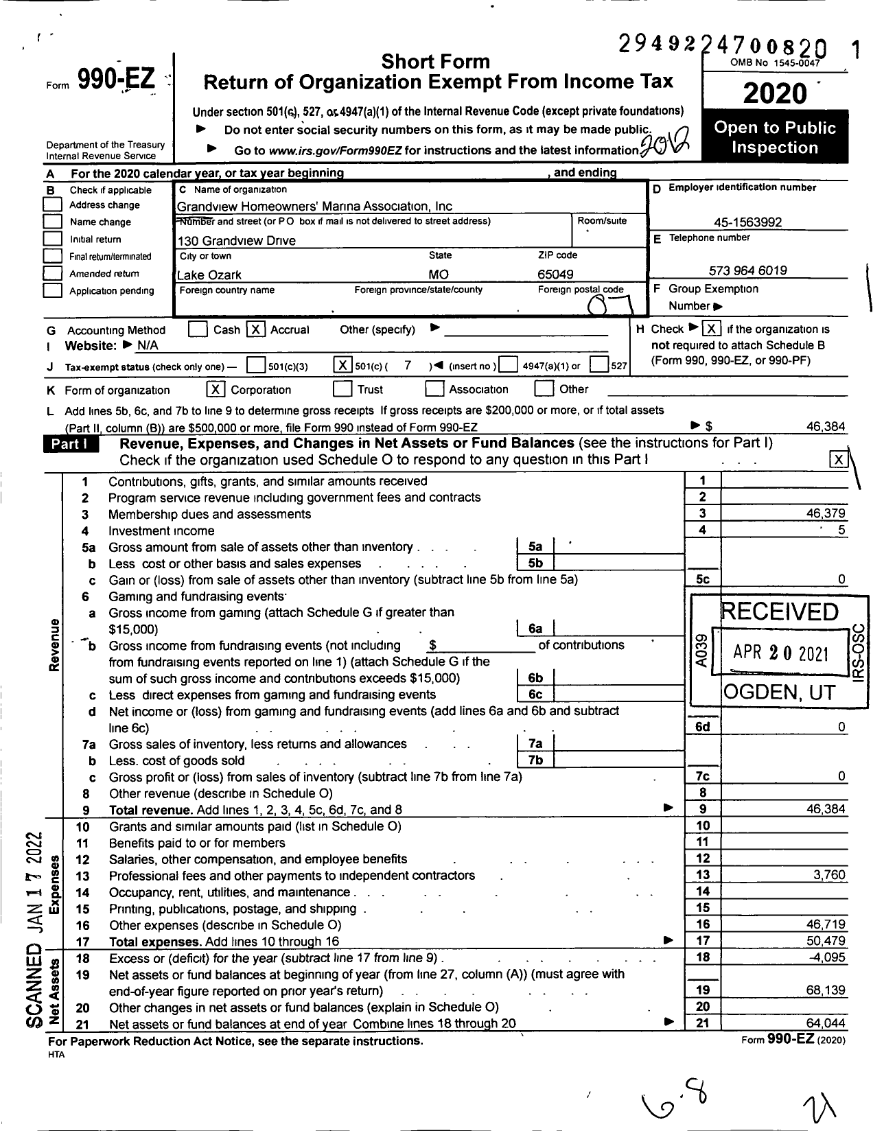 Image of first page of 2020 Form 990EO for Grandview Homeowners Marina Associaton