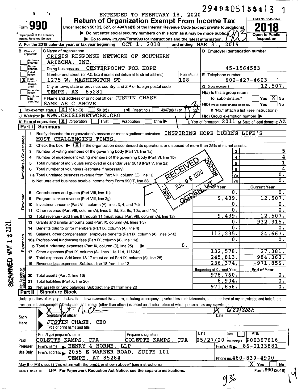 Image of first page of 2018 Form 990 for Crisis Response Network of Southern Arizona