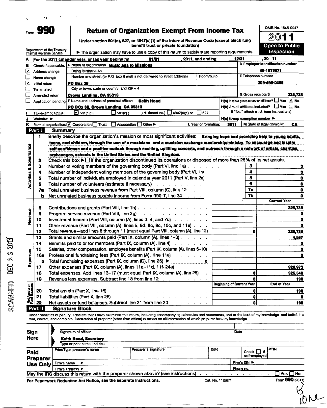 Image of first page of 2011 Form 990 for Musicians to Missions