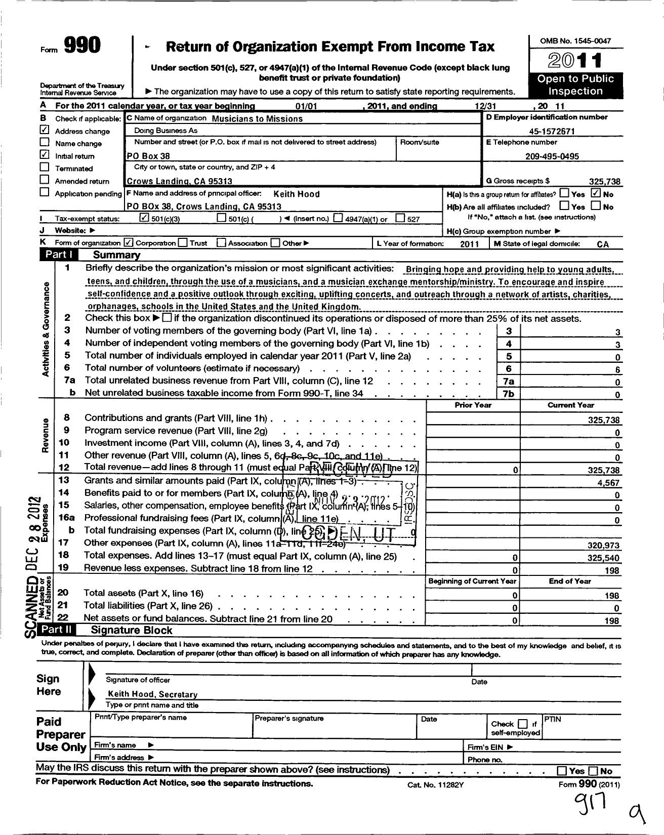 Image of first page of 2011 Form 990 for Musicians to Missions