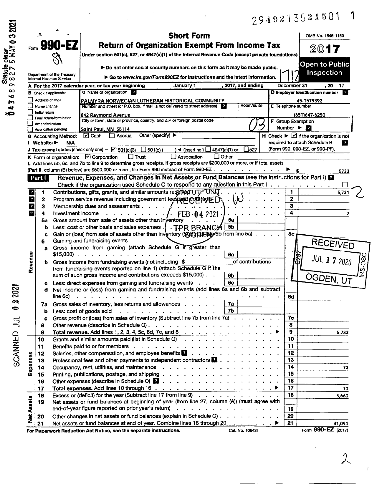 Image of first page of 2017 Form 990EZ for Palmyra Norwegian Lutheran Historical Community