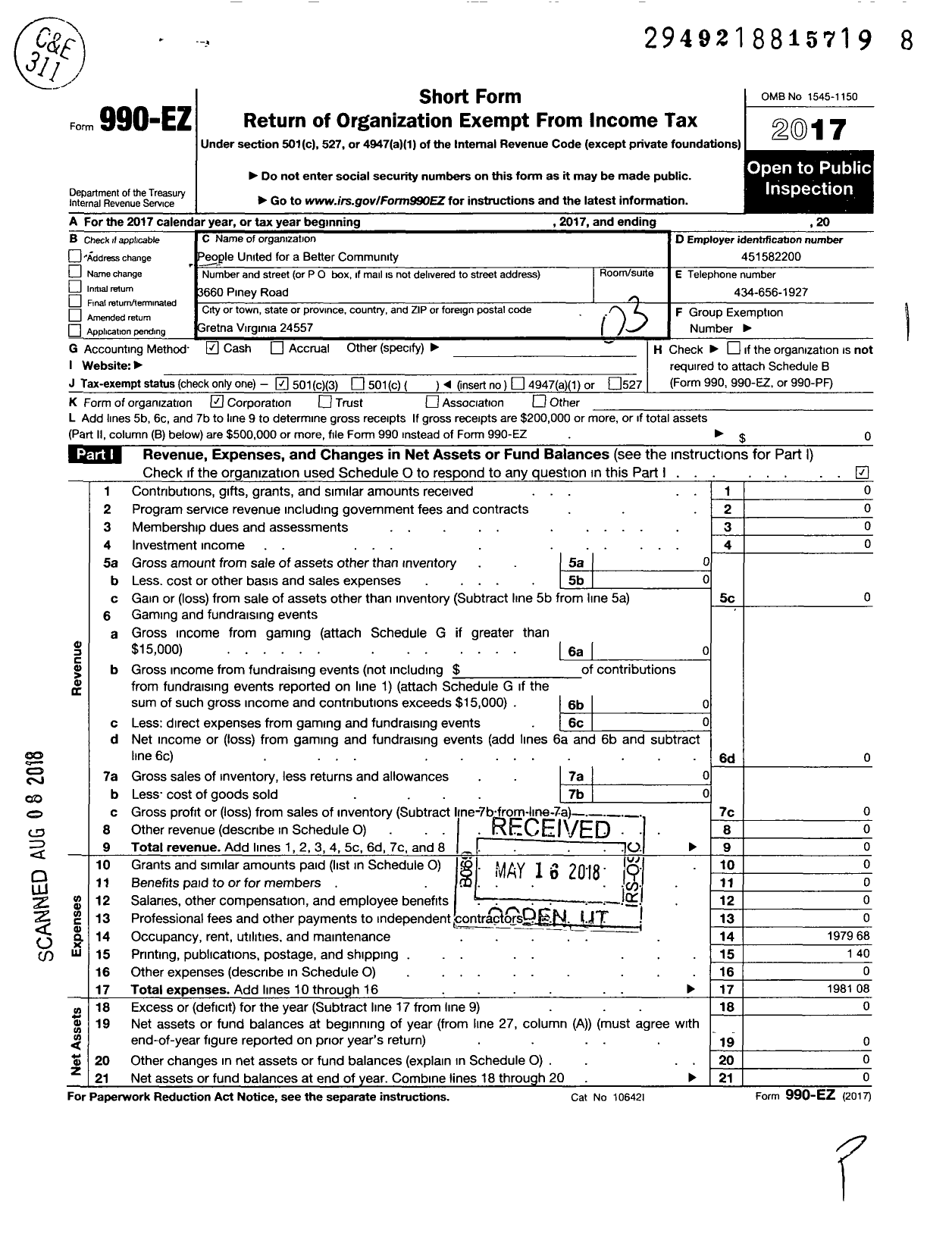 Image of first page of 2017 Form 990EZ for People United for A Better Community