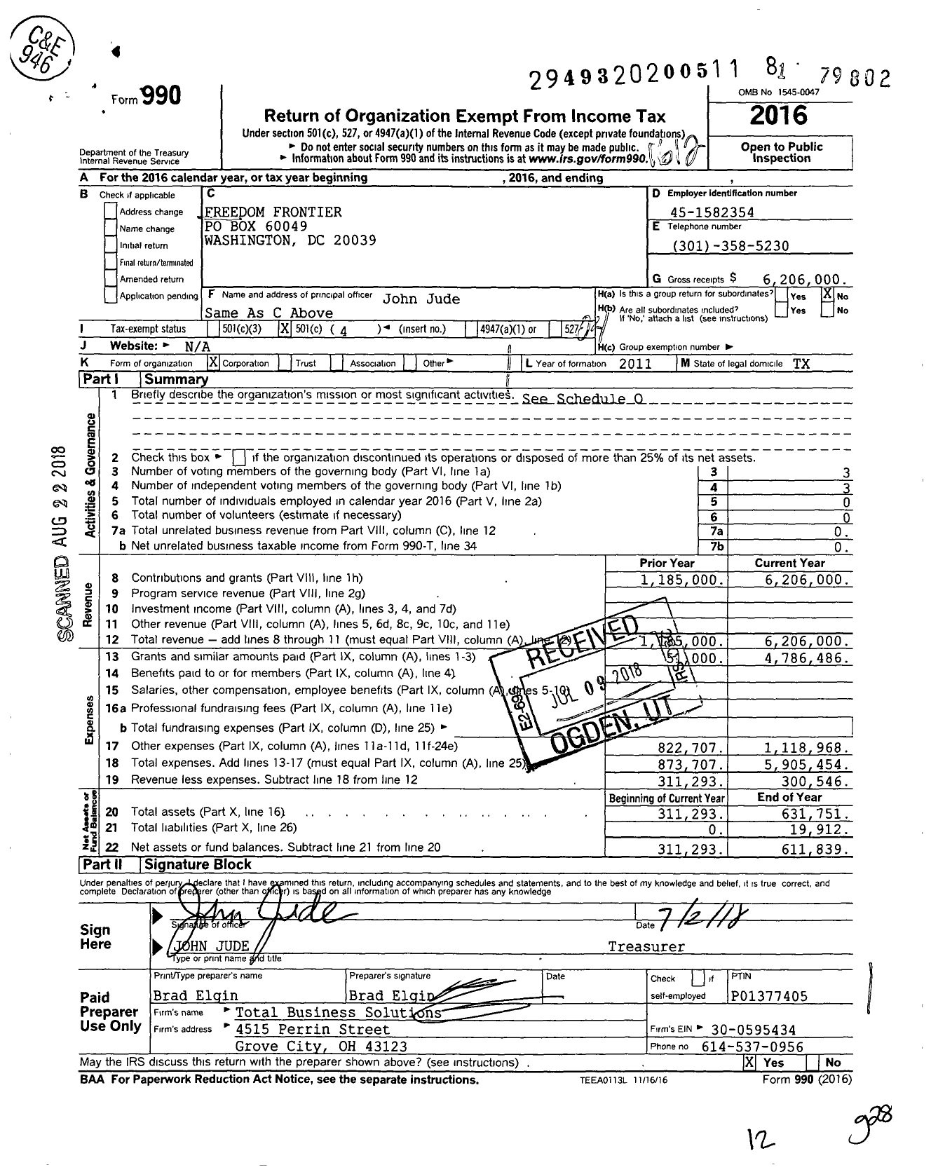 Image of first page of 2016 Form 990O for Freedom Frontier