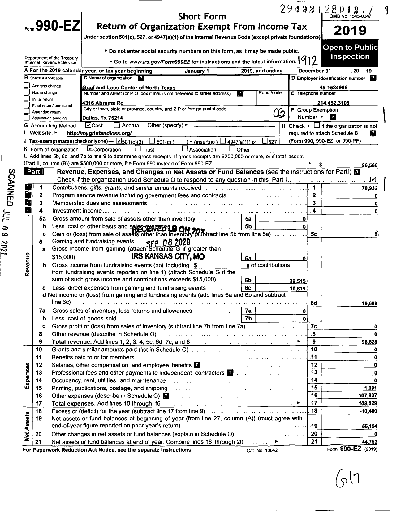 Image of first page of 2019 Form 990EZ for Grief and Loss Center of North Texas