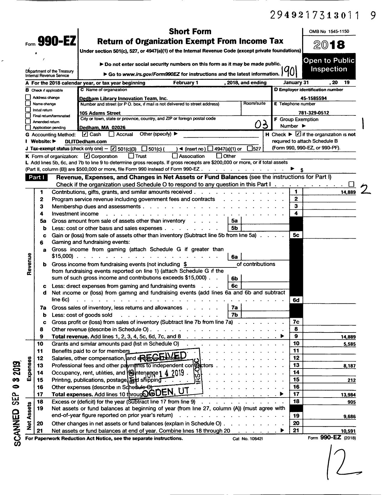 Image of first page of 2018 Form 990EZ for Dedham Library Innovation Team