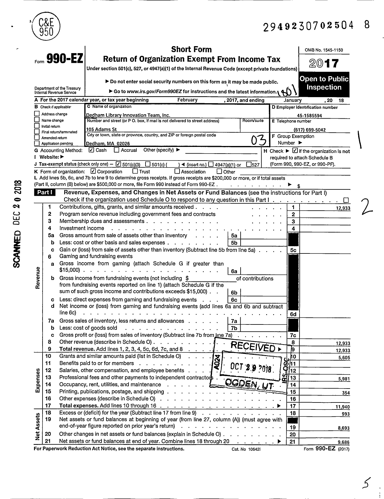 Image of first page of 2017 Form 990EZ for Dedham Library Innovation Team