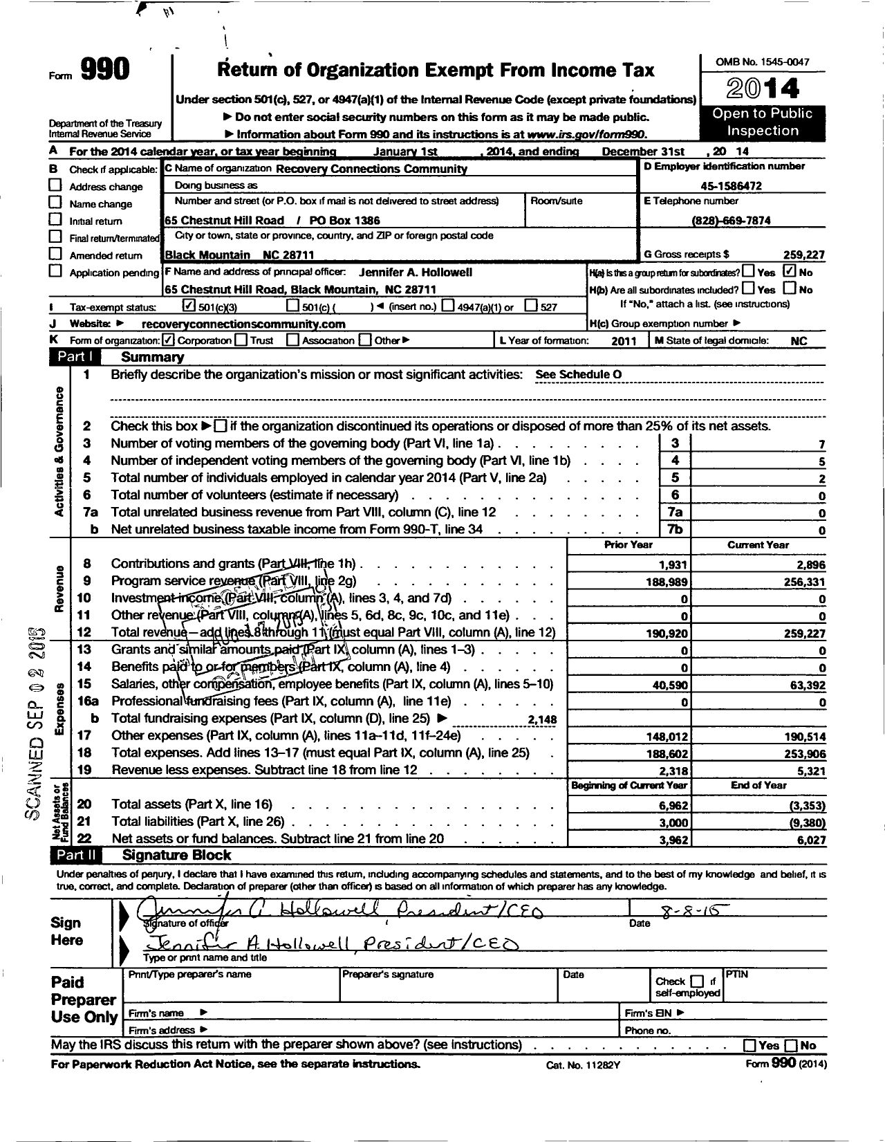 Image of first page of 2014 Form 990 for Recovery Connections Community