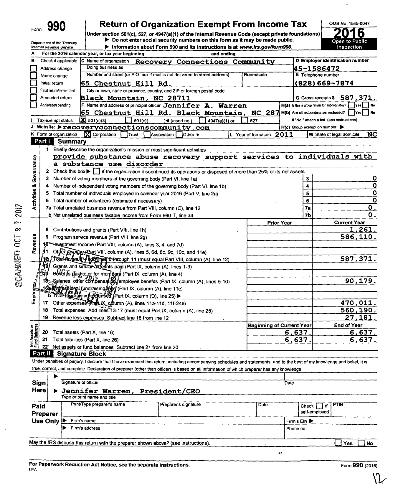 Image of first page of 2016 Form 990 for Recovery Connections Community