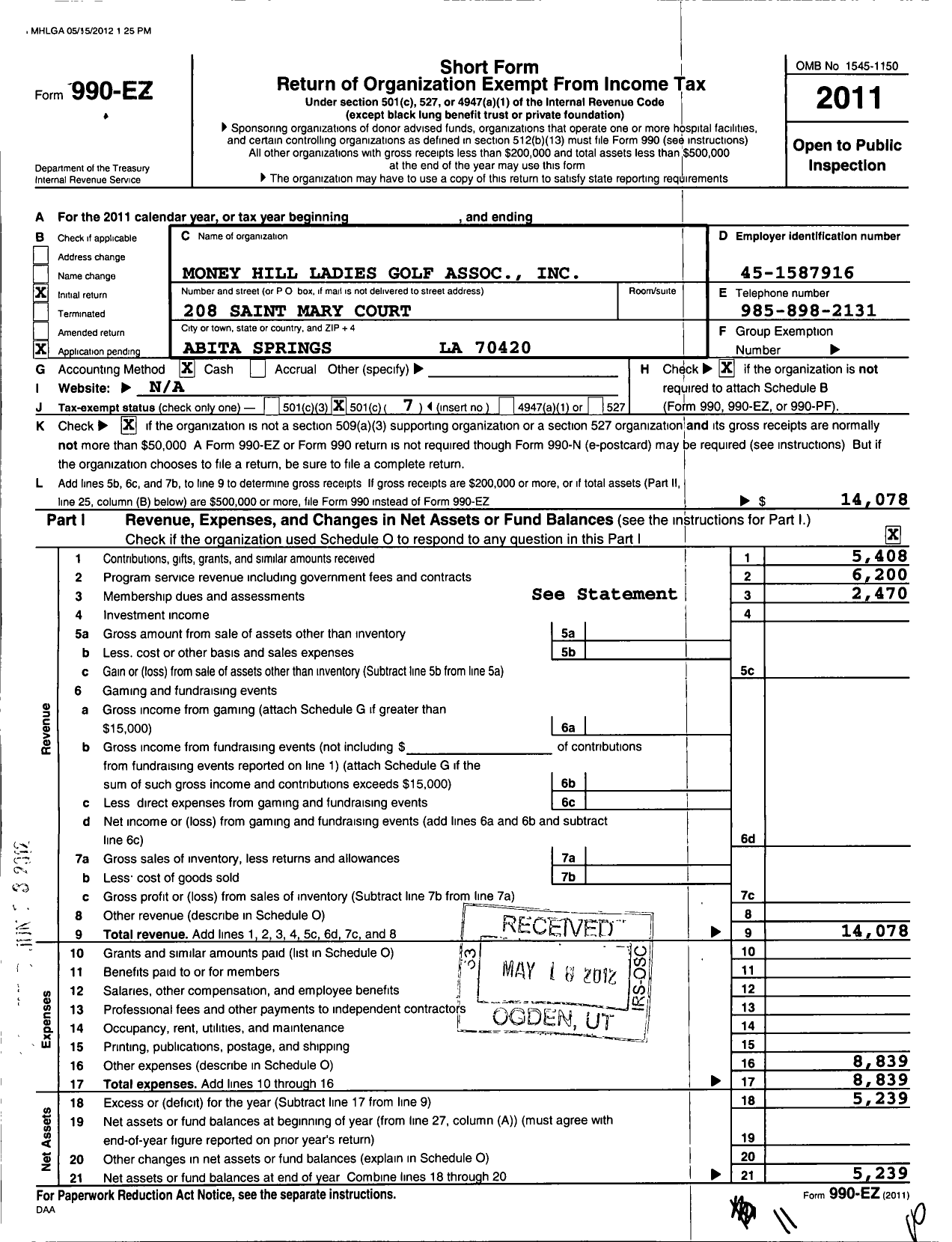 Image of first page of 2011 Form 990EO for Money Hill Ladies Golf Association