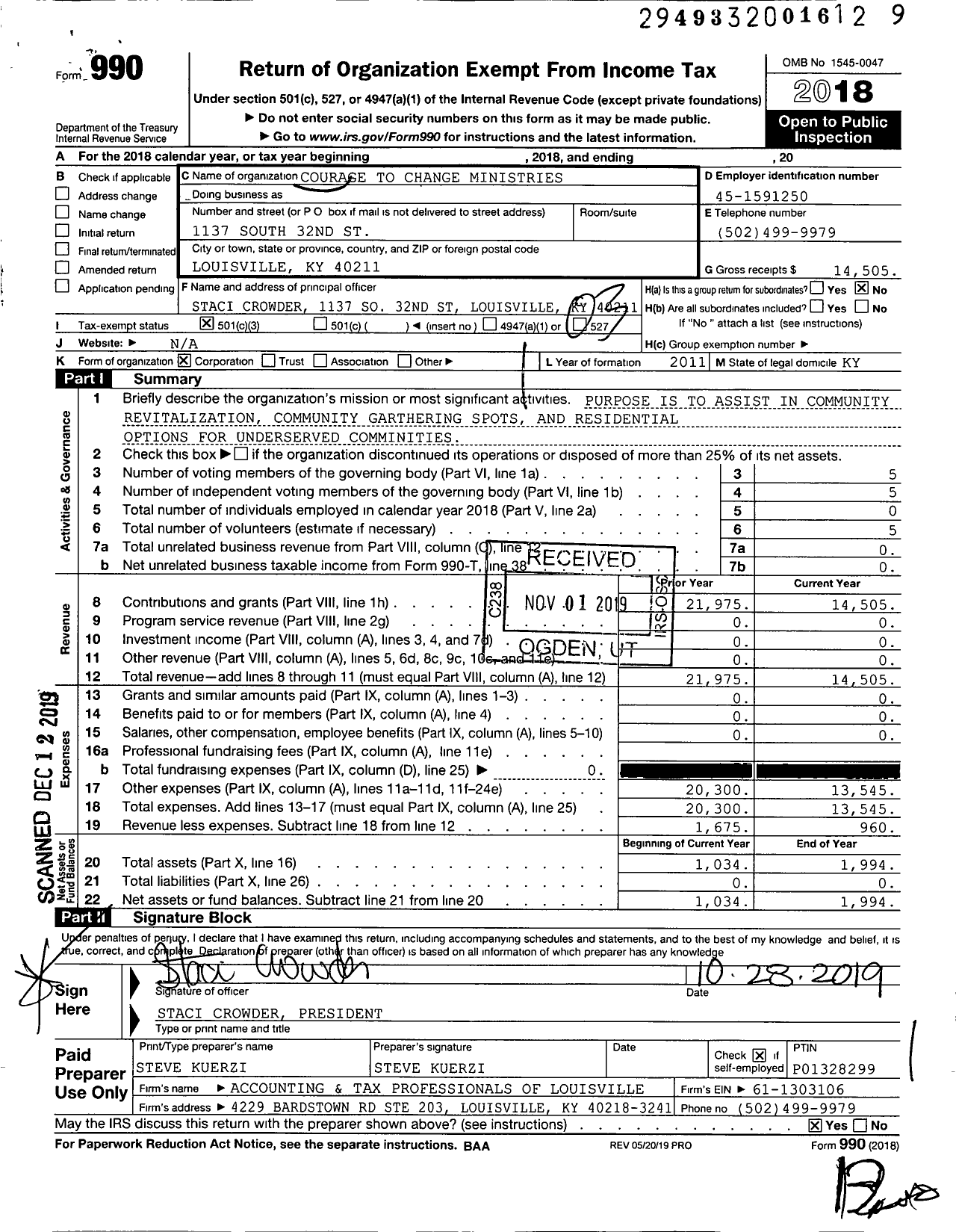 Image of first page of 2018 Form 990 for Courage To Change Ministries