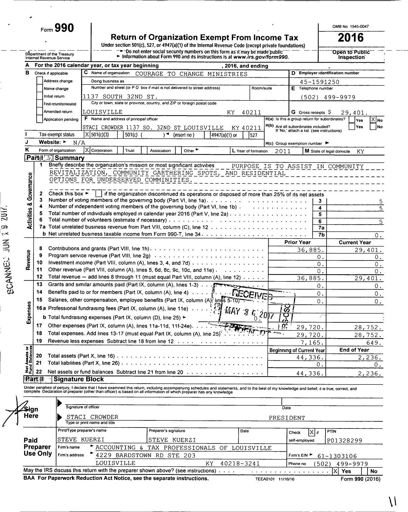 Image of first page of 2016 Form 990 for Courage To Change Ministries