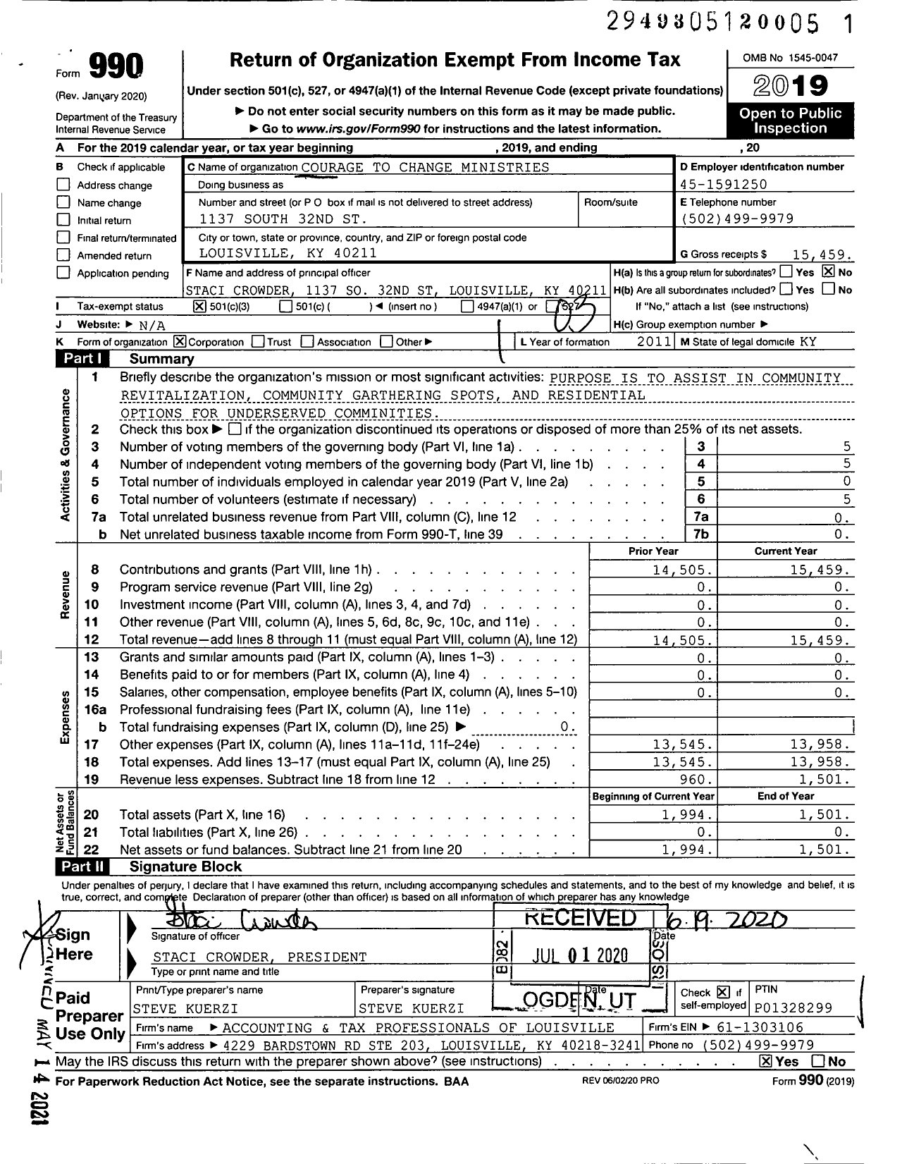 Image of first page of 2019 Form 990 for Courage To Change Ministries