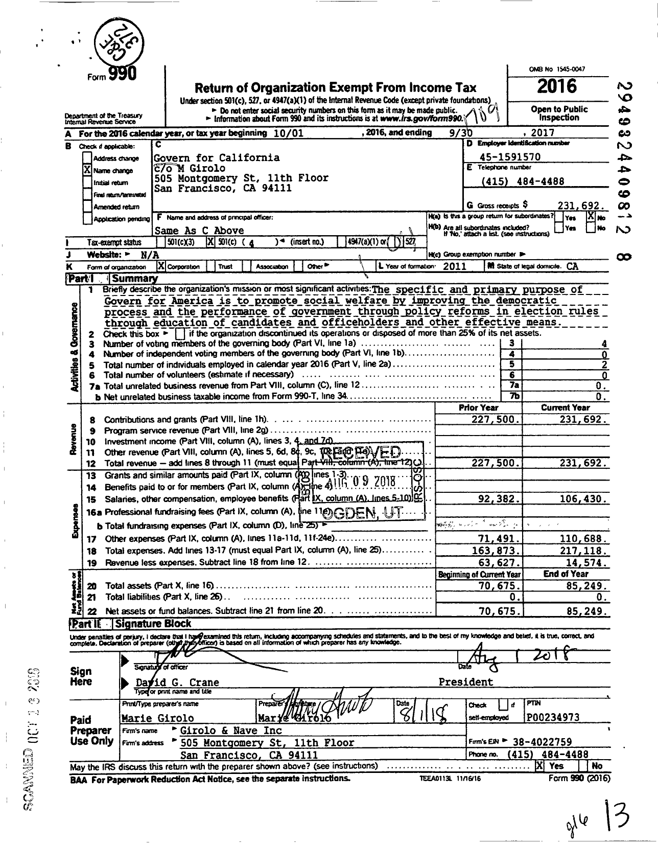 Image of first page of 2016 Form 990O for Govern for California