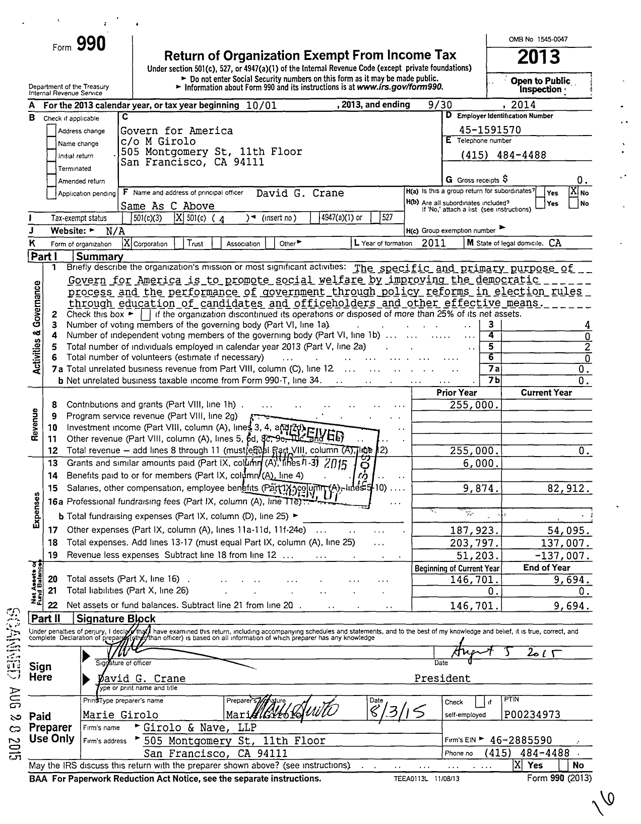 Image of first page of 2013 Form 990O for Govern for California