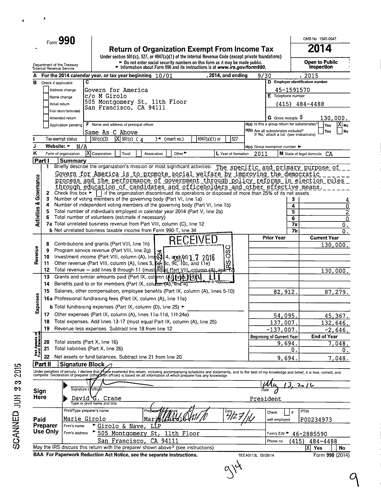 Image of first page of 2014 Form 990O for Govern for California