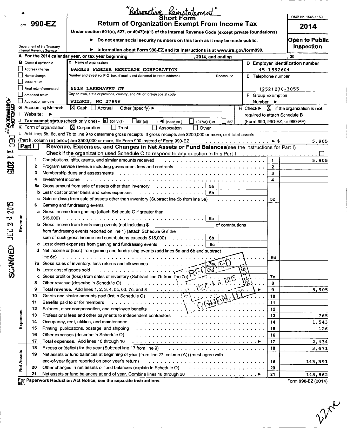 Image of first page of 2014 Form 990EZ for Barnes Pender Heritage Corporation