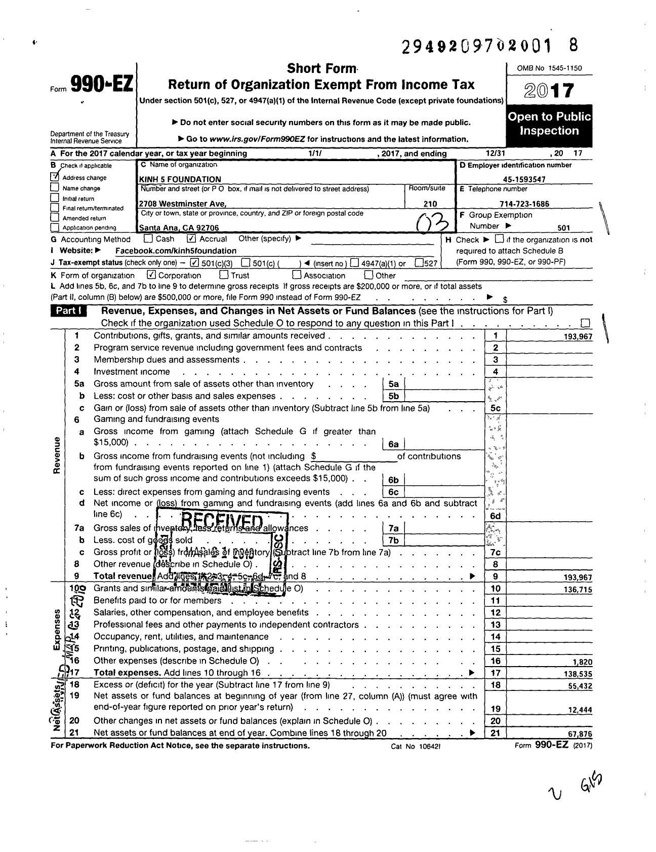 Image of first page of 2017 Form 990EZ for Kinh 5 Foundation