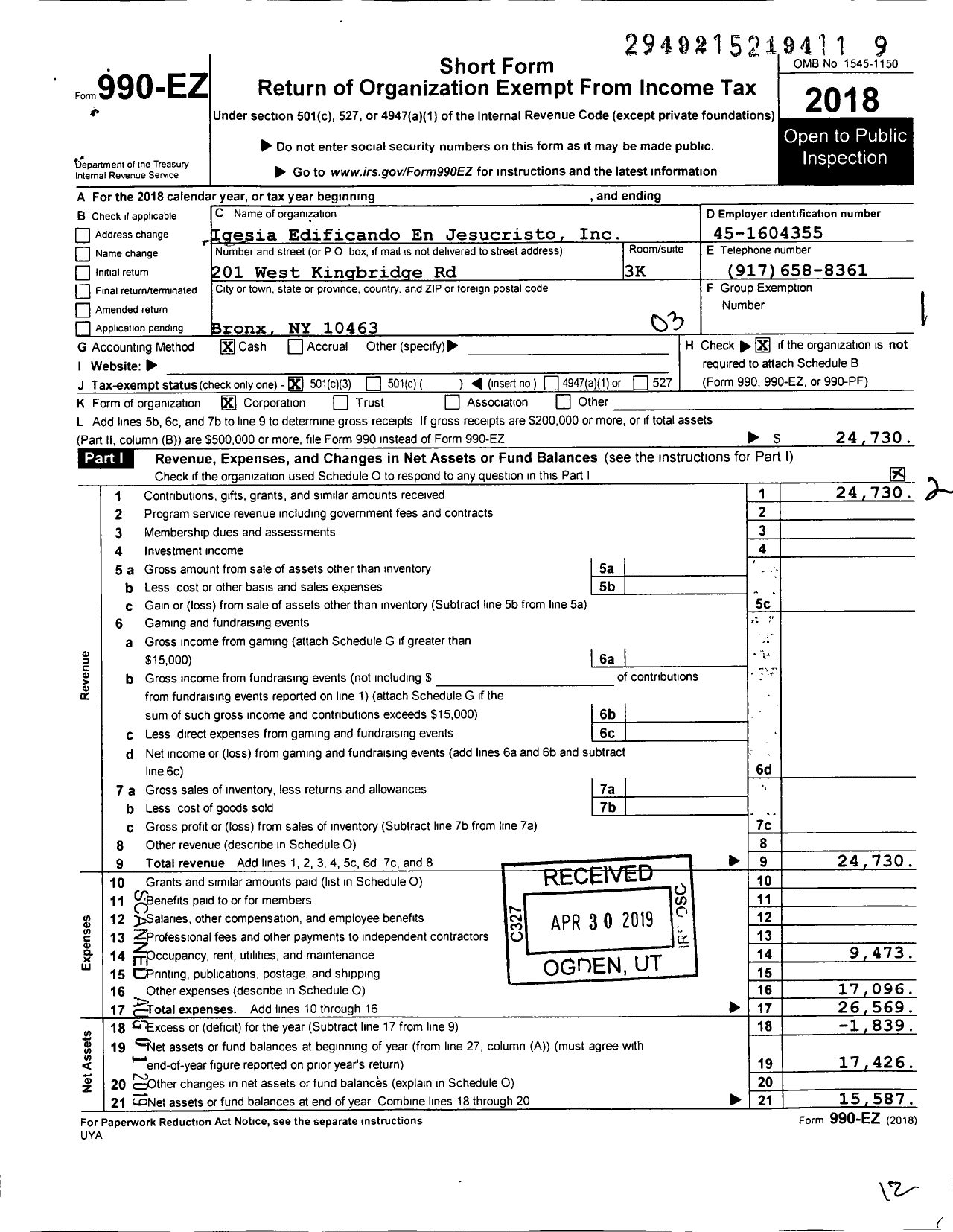 Image of first page of 2018 Form 990EZ for Iglesia Edificando En Jesuscristo