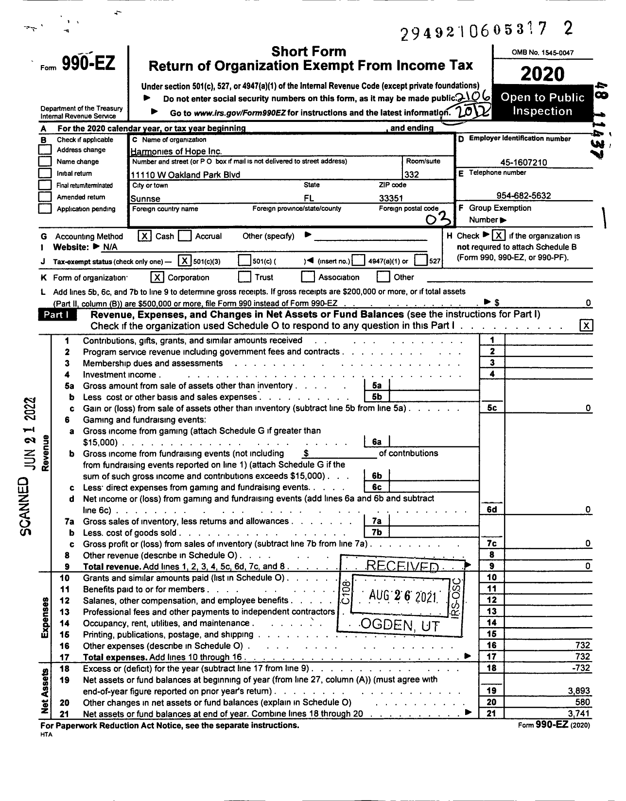 Image of first page of 2020 Form 990EZ for Harmonies of Hope