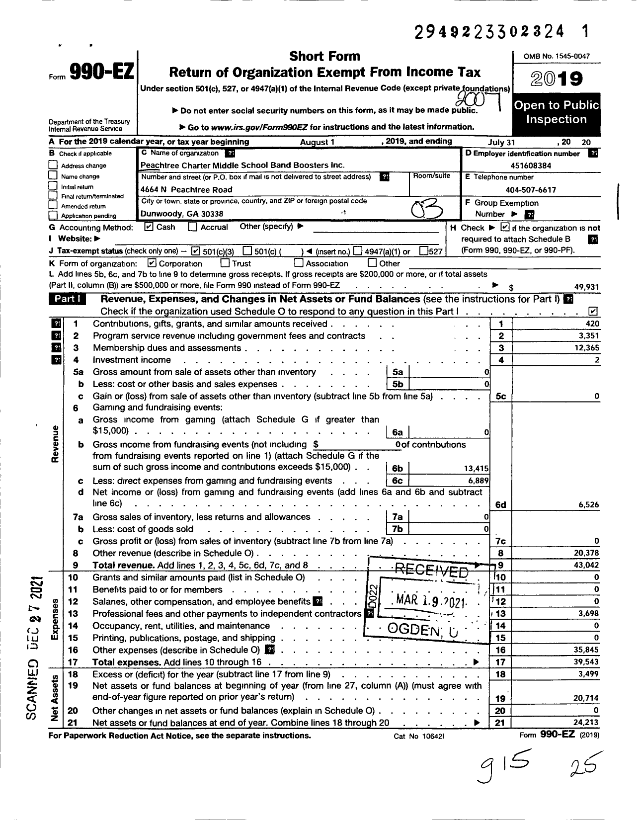 Image of first page of 2019 Form 990EZ for Peachtree Charter Middle School Band Boosters