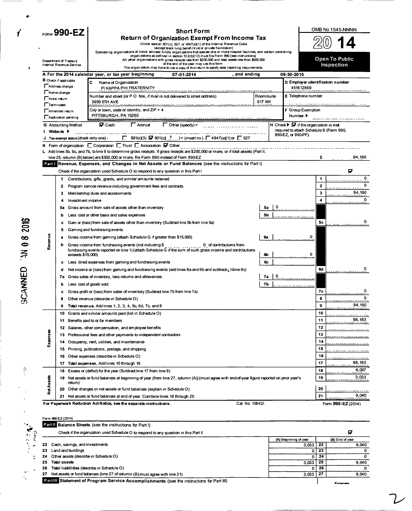 Image of first page of 2014 Form 990EO for PI KAPPA PHI Fraternity - University of Pittsburgh