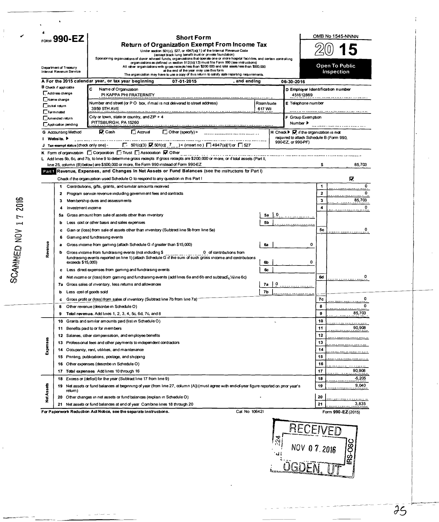 Image of first page of 2015 Form 990EO for PI KAPPA PHI Fraternity - University of Pittsburgh