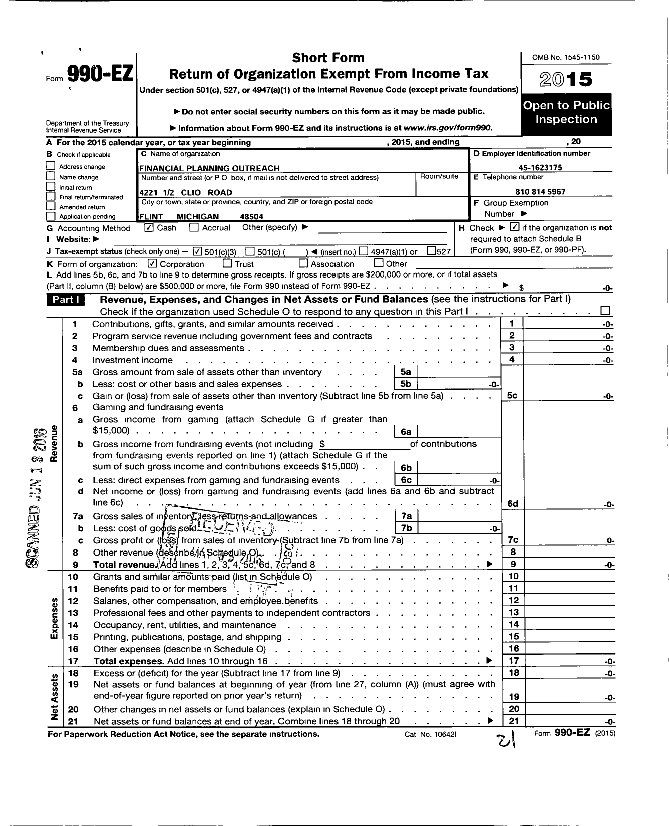 Image of first page of 2015 Form 990EZ for Financial Planning Outreach