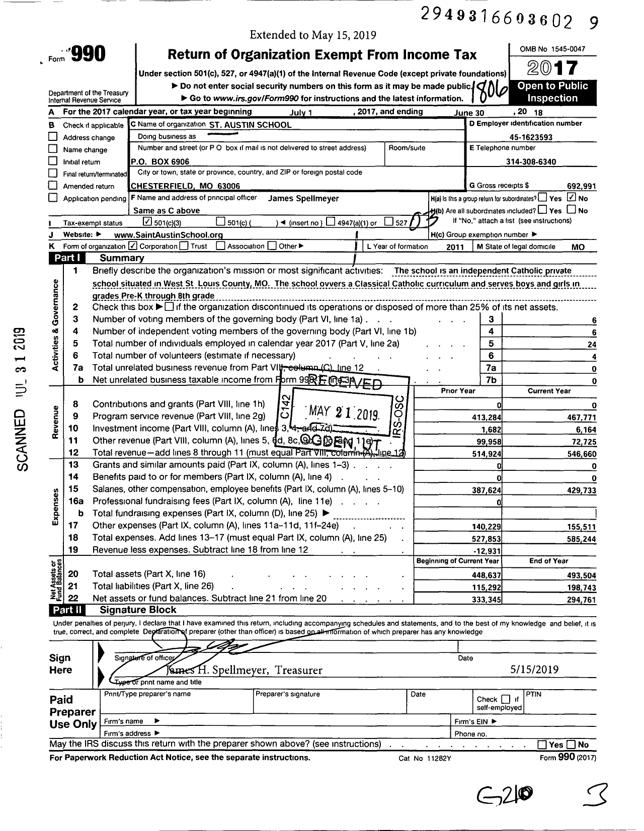 Image of first page of 2017 Form 990 for St Austin School