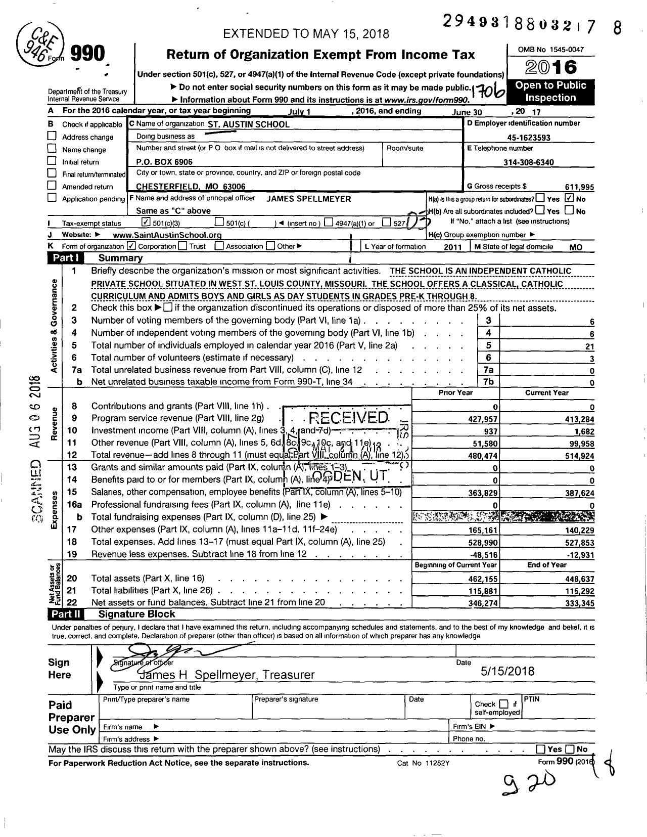 Image of first page of 2016 Form 990 for St Austin School