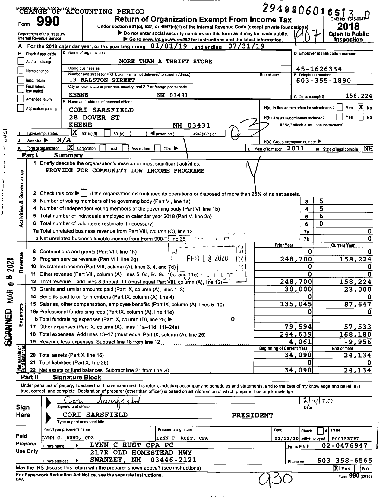 Image of first page of 2018 Form 990 for More Than A Thrift Store