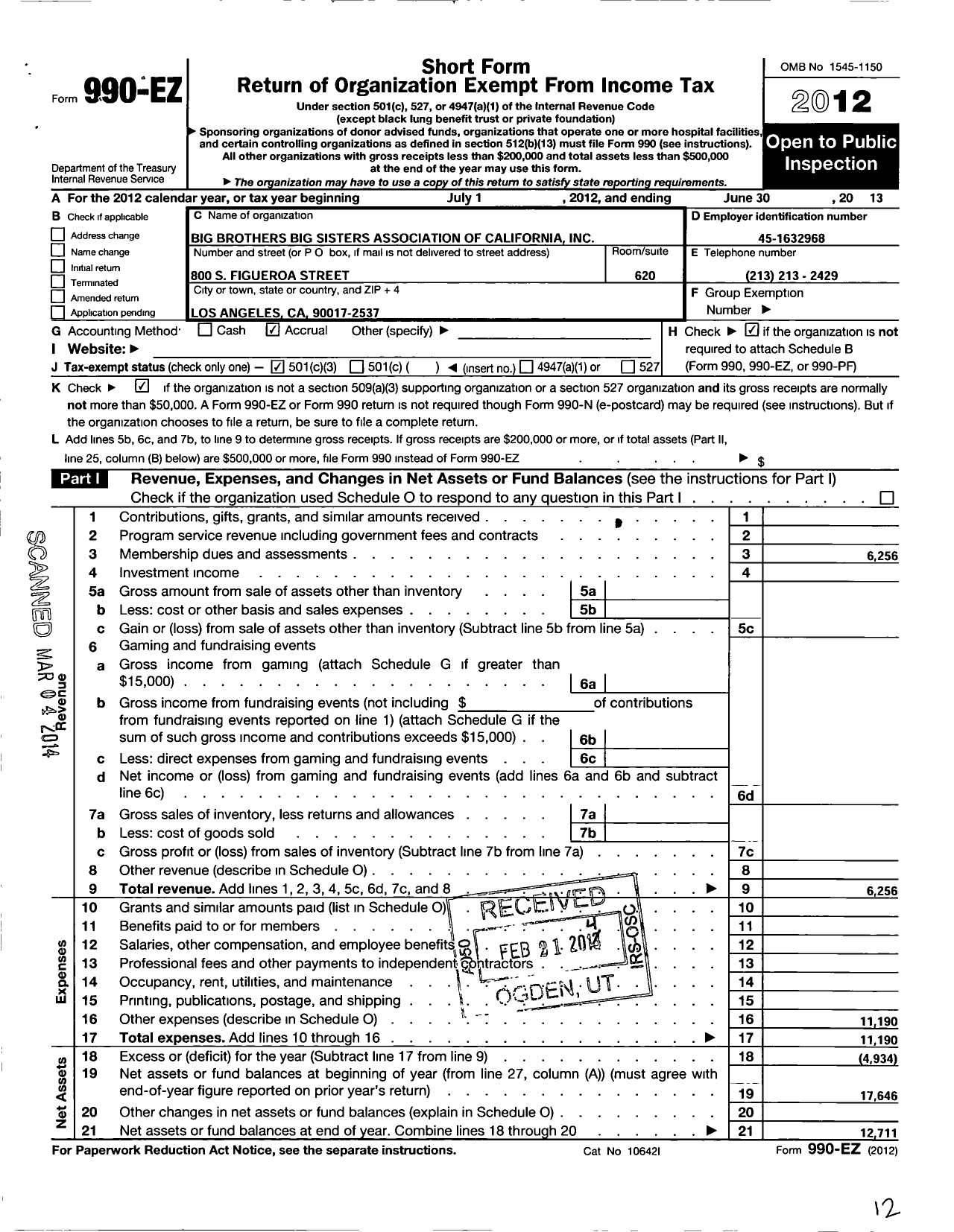 Image of first page of 2012 Form 990EZ for Big Brothers Big Sisters Association of Californai