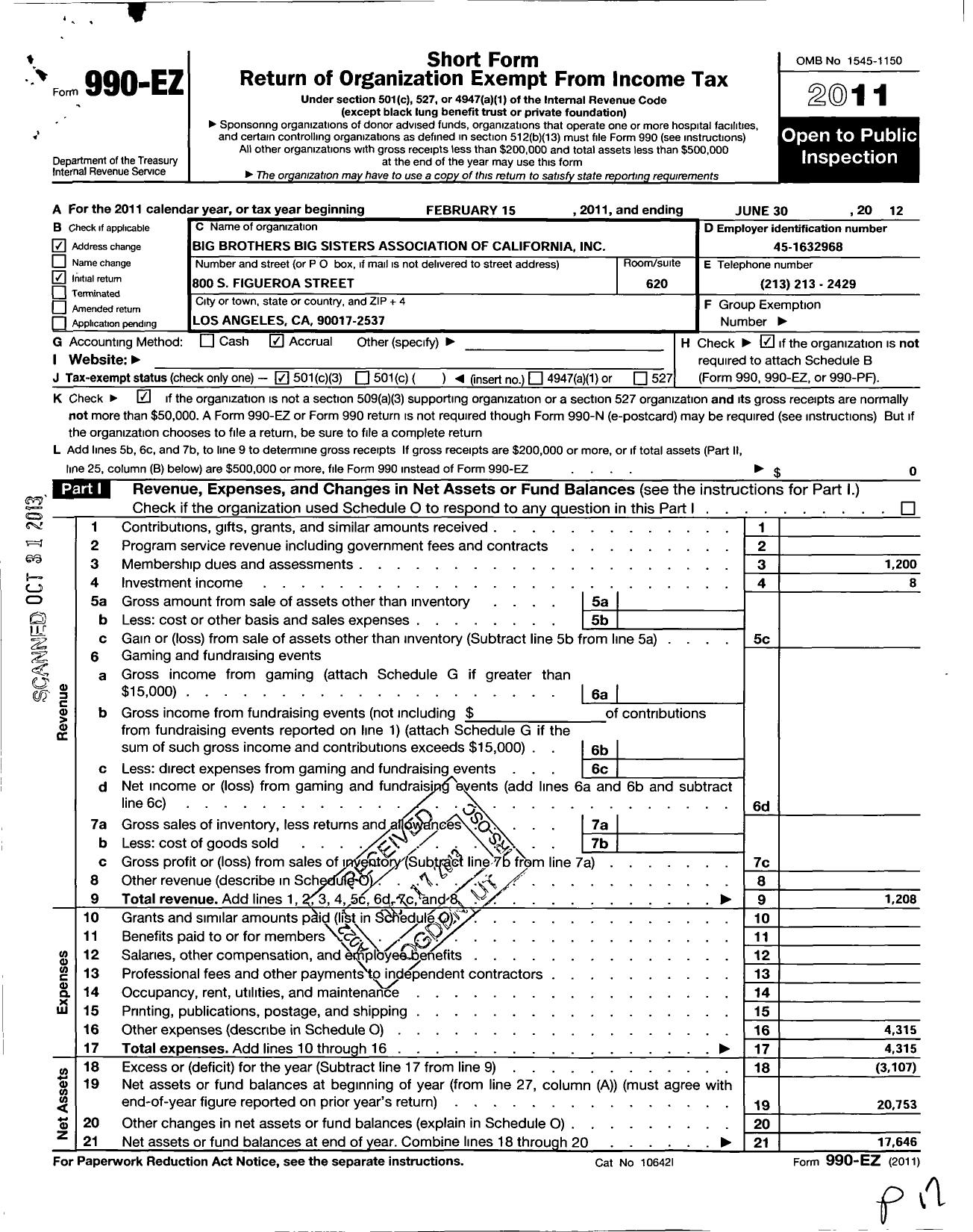 Image of first page of 2011 Form 990EZ for Big Brothers Big Sisters Association of Californai