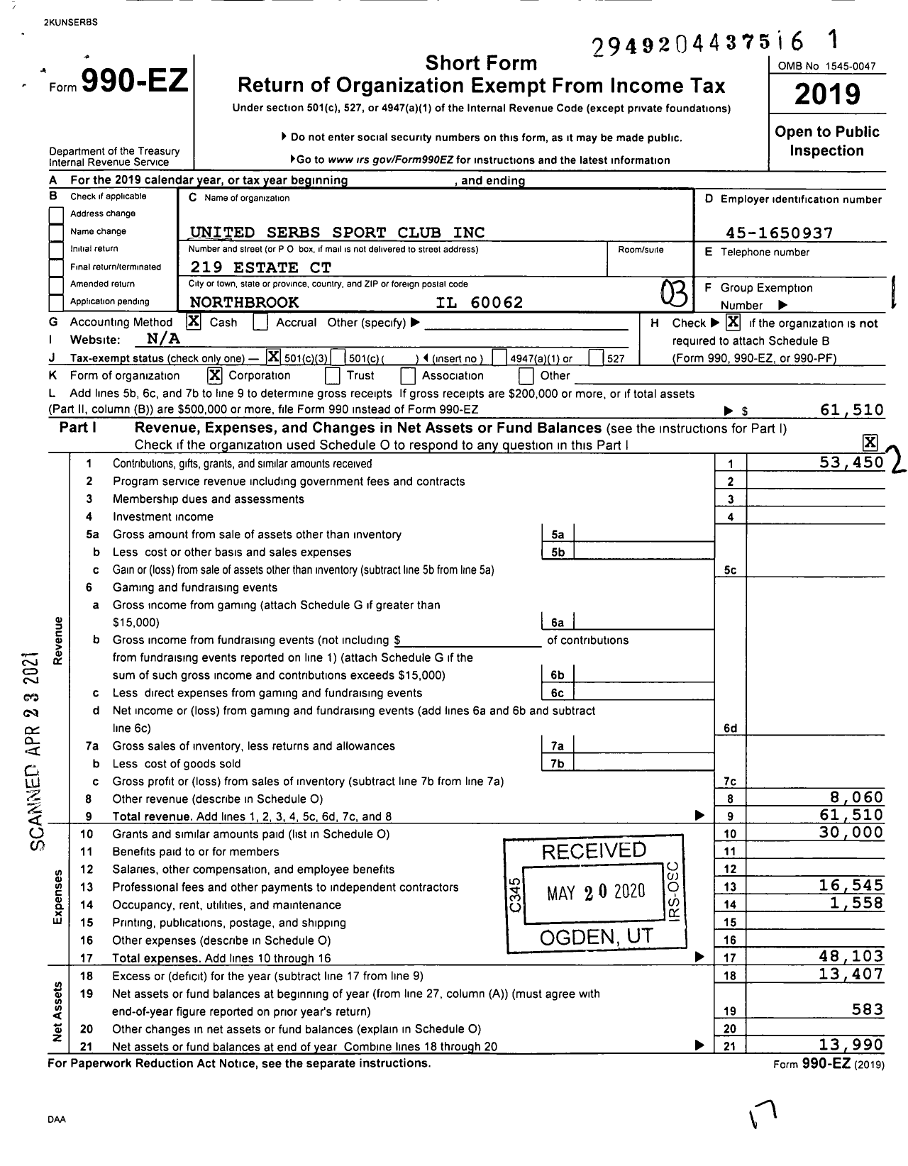 Image of first page of 2019 Form 990EZ for United Serbs Sport Club