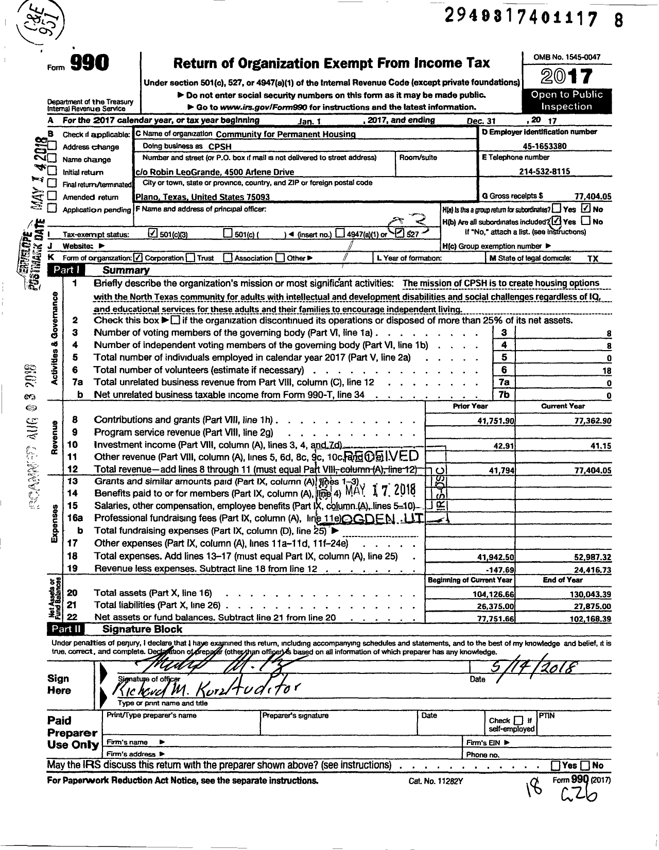 Image of first page of 2017 Form 990 for Community for Permanent Supported Housing (CPSH)