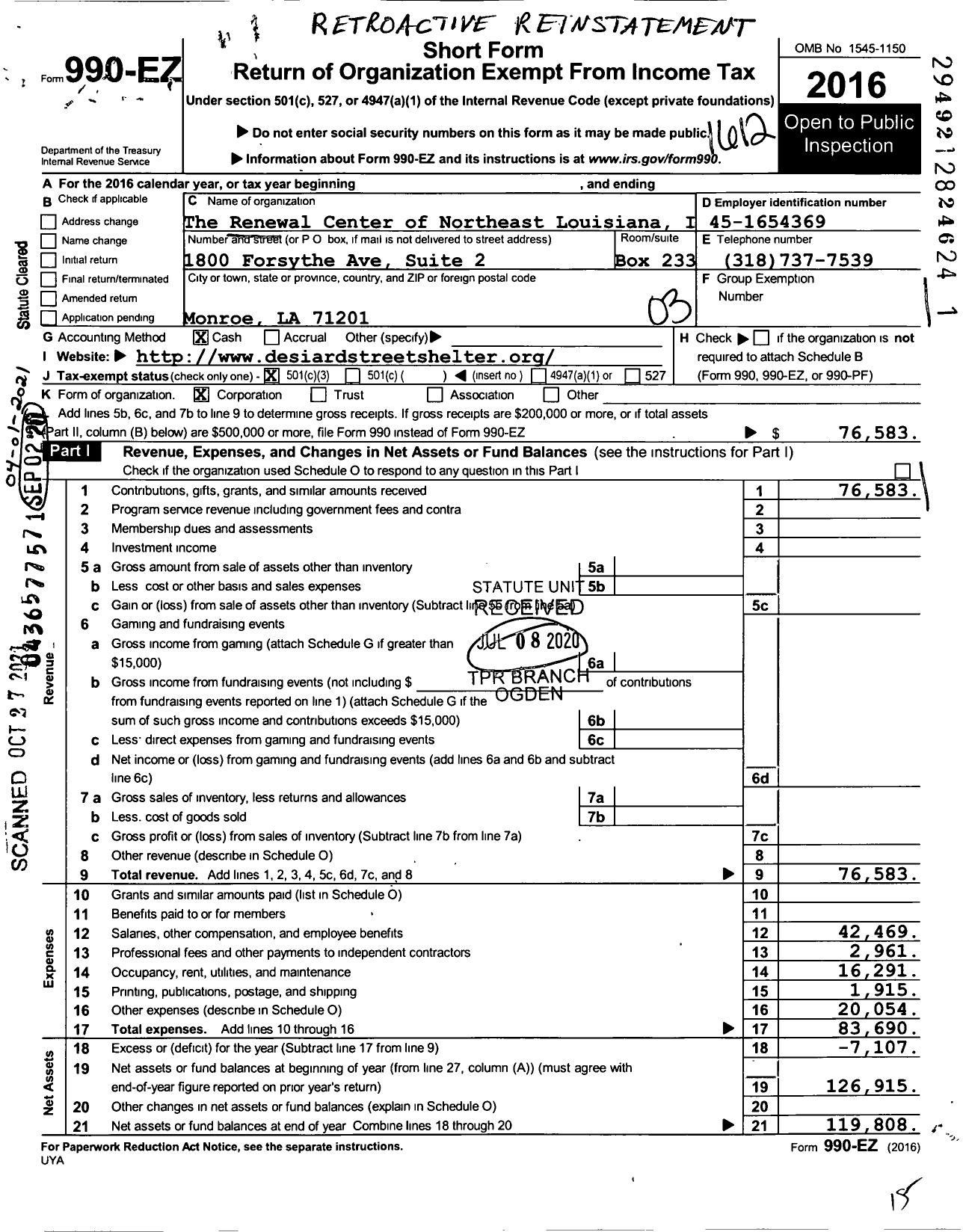 Image of first page of 2016 Form 990EZ for The Renewal Center of Louisiana