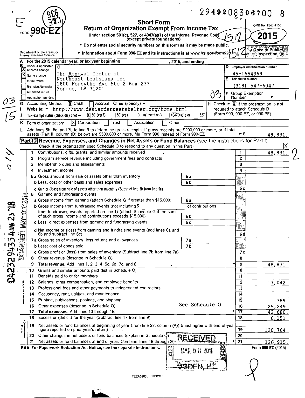 Image of first page of 2015 Form 990EZ for The Renewal Center of Louisiana