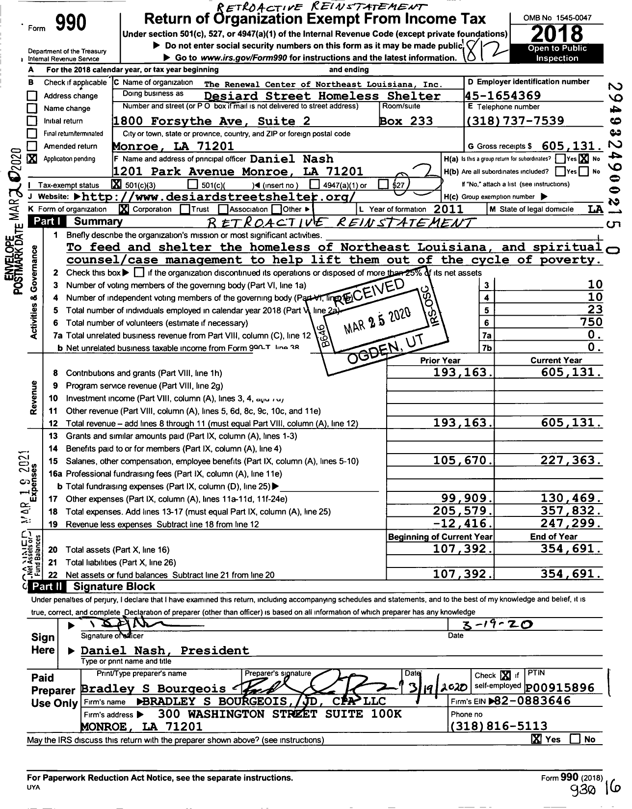 Image of first page of 2018 Form 990 for The Renewal Center of Louisiana