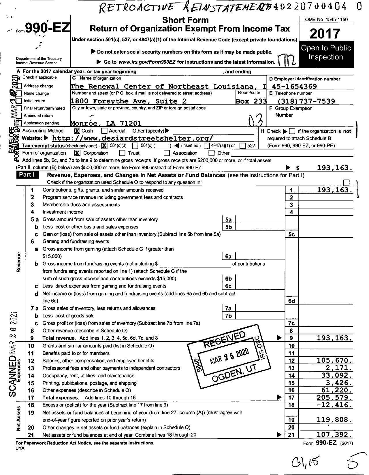 Image of first page of 2017 Form 990EZ for The Renewal Center of Louisiana