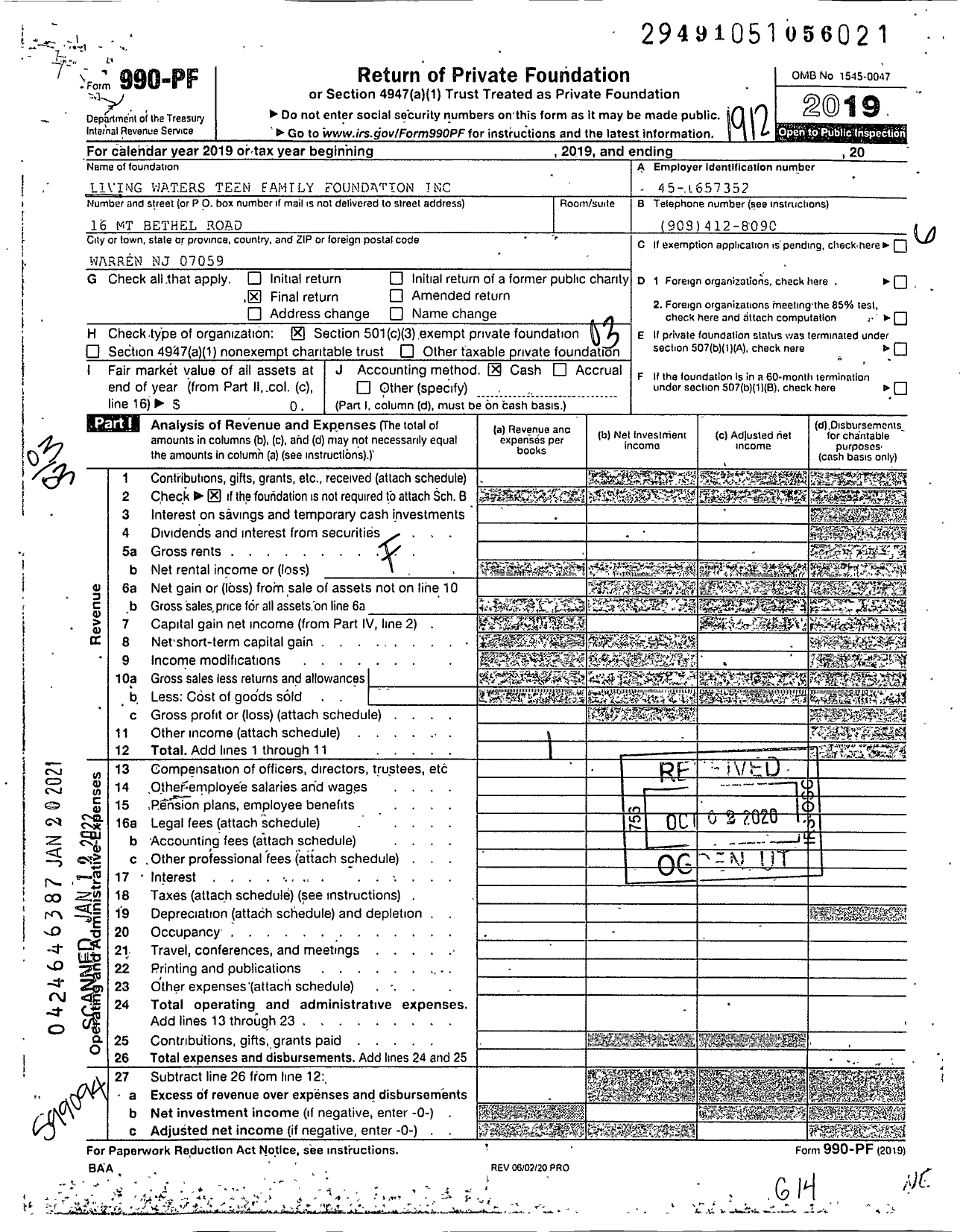 Image of first page of 2019 Form 990PF for Living Waters Teen Family Foundation