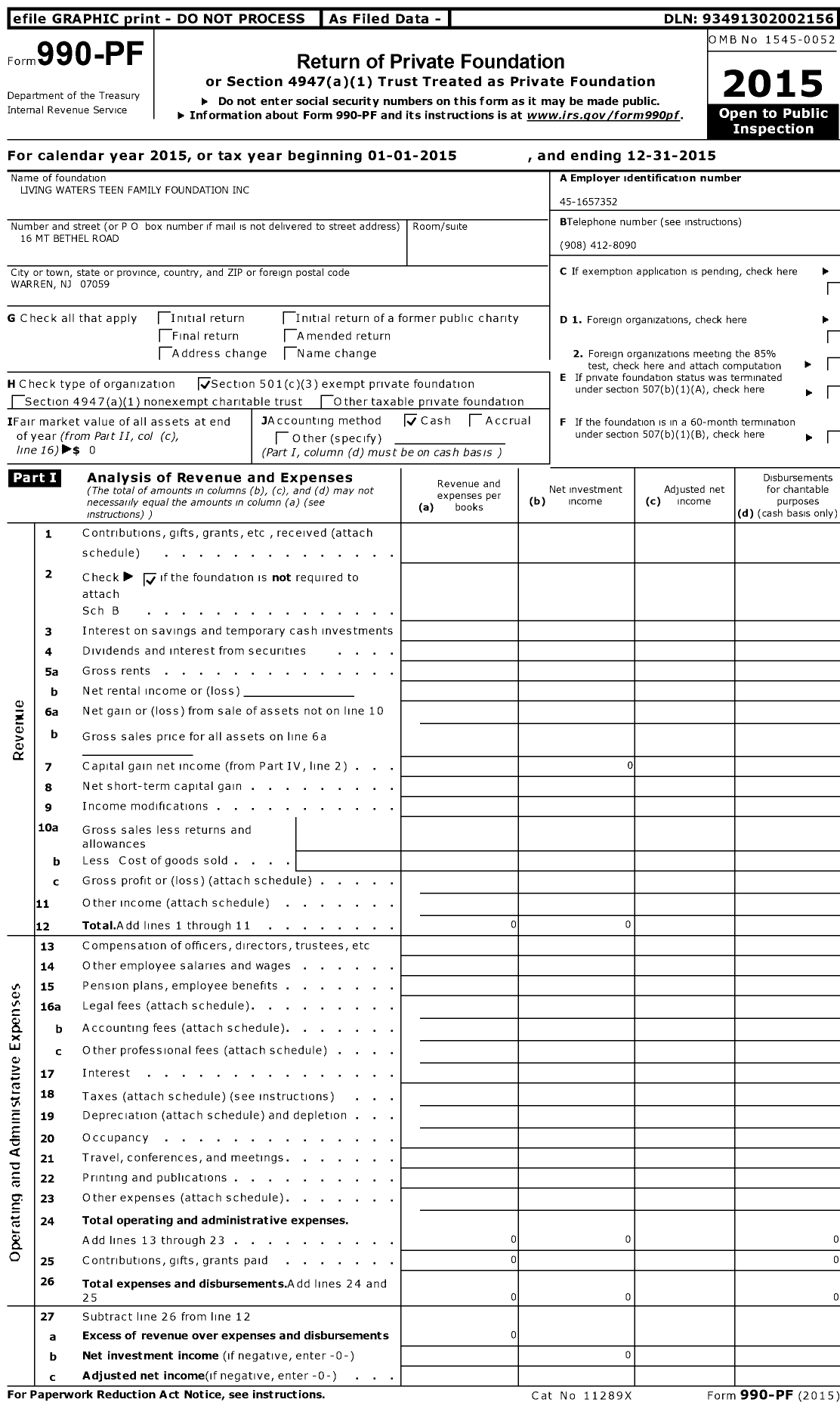 Image of first page of 2015 Form 990PF for Living Waters Teen Family Foundation