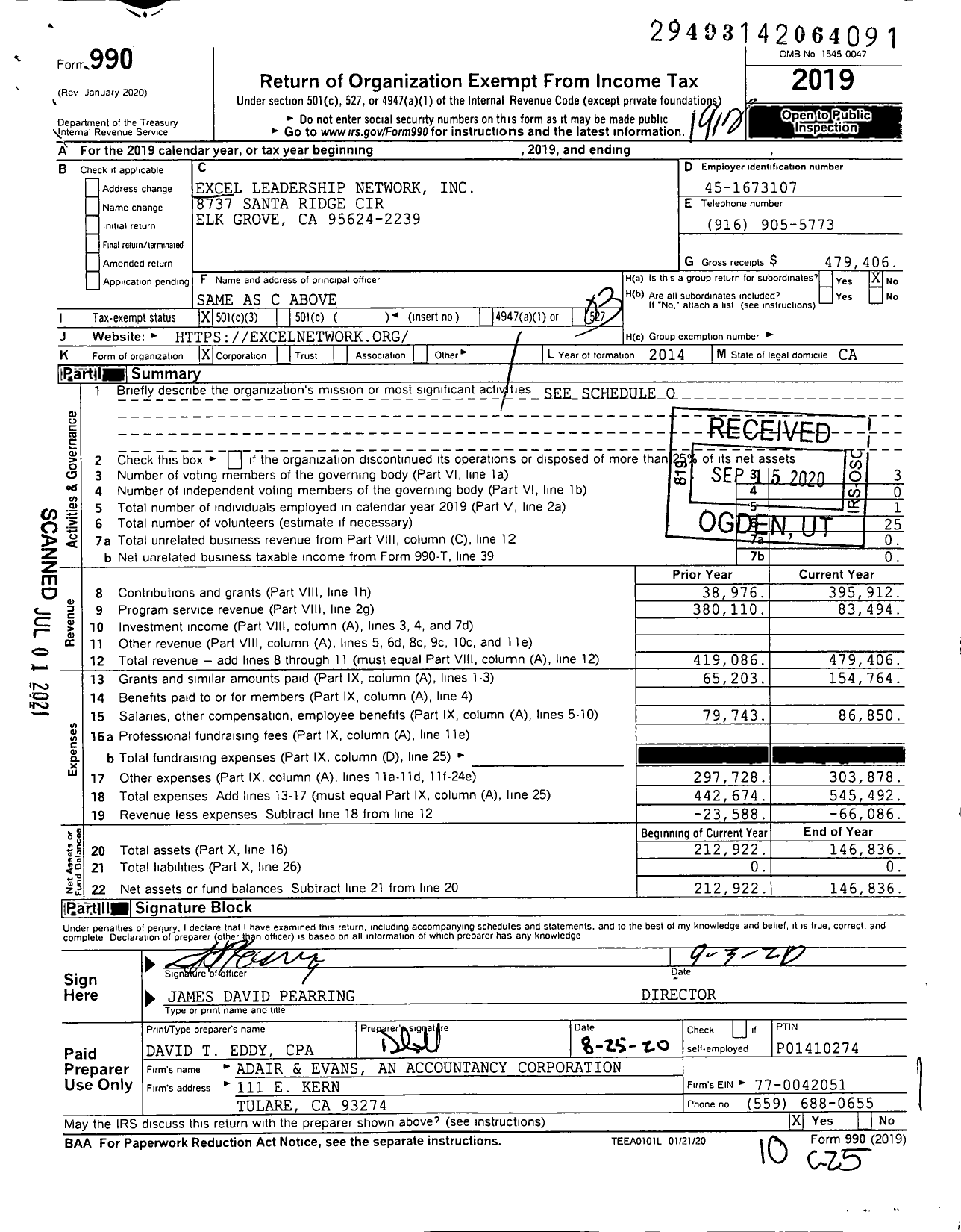 Image of first page of 2019 Form 990 for Excel Leadership Network