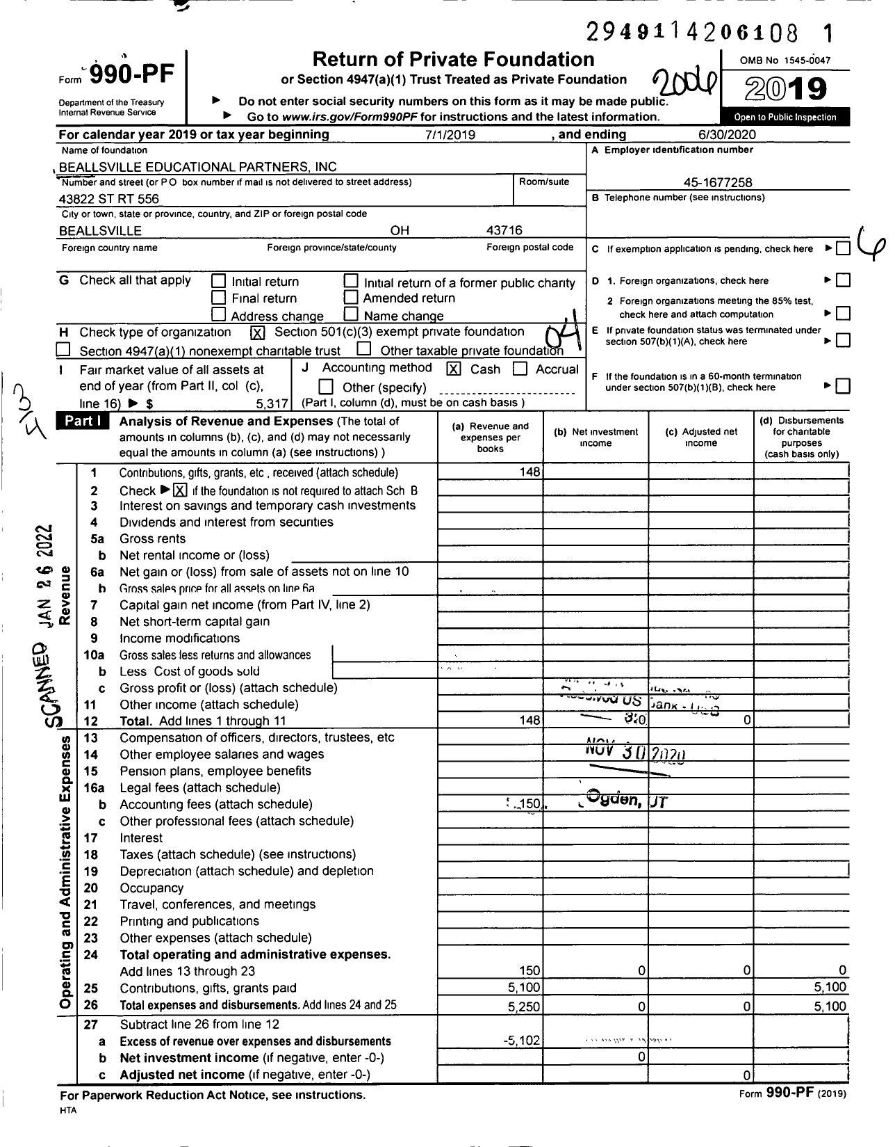 Image of first page of 2019 Form 990PF for Beallsville Educational Partners