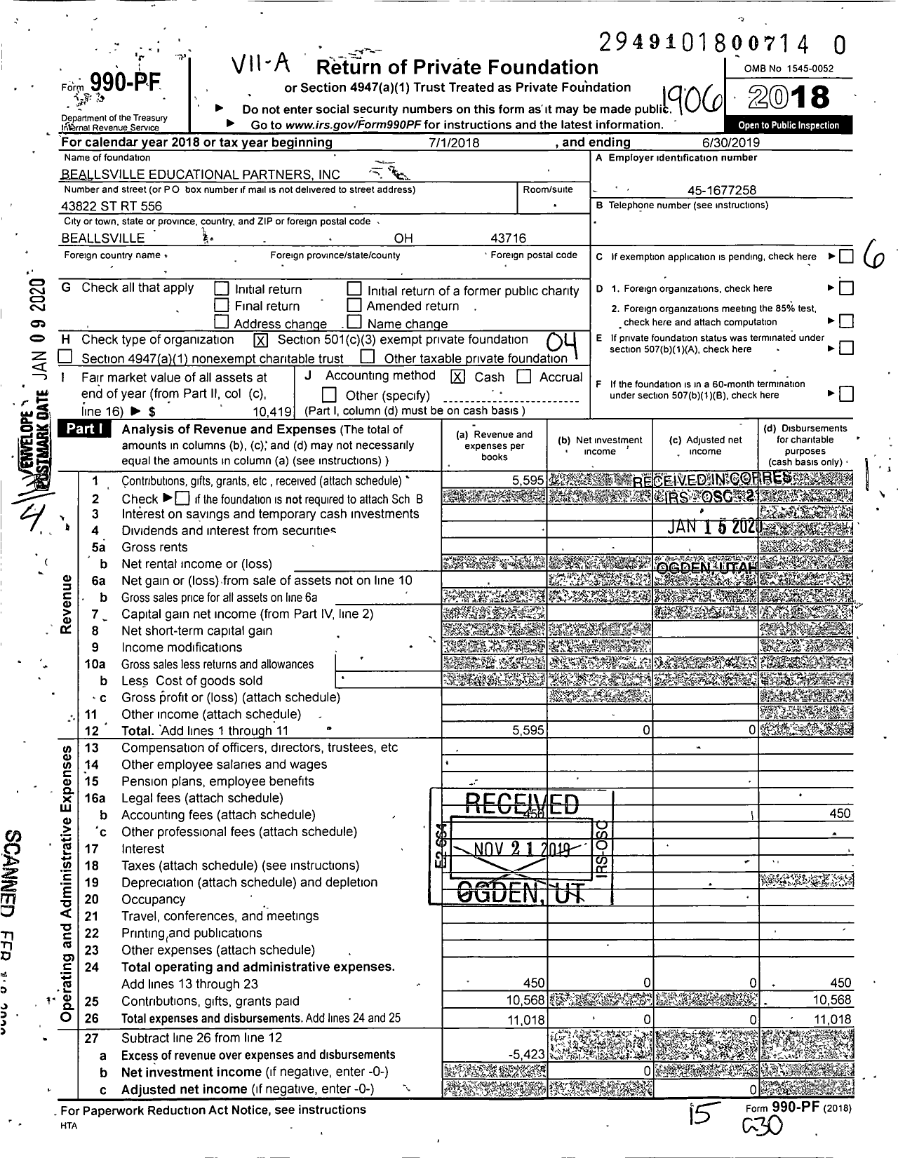 Image of first page of 2018 Form 990PR for Beallsville Educational Partners