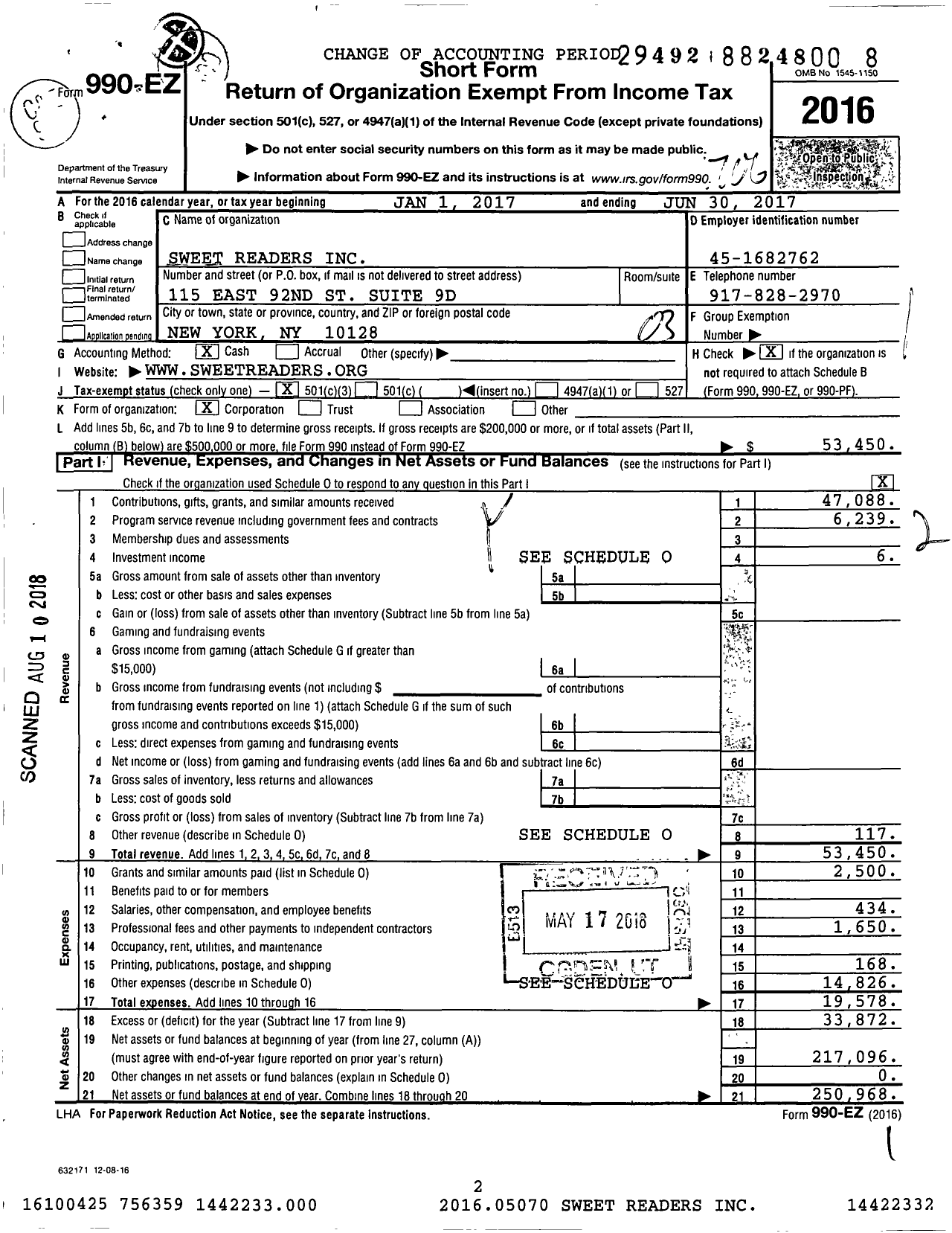 Image of first page of 2016 Form 990EZ for Sweet Readers