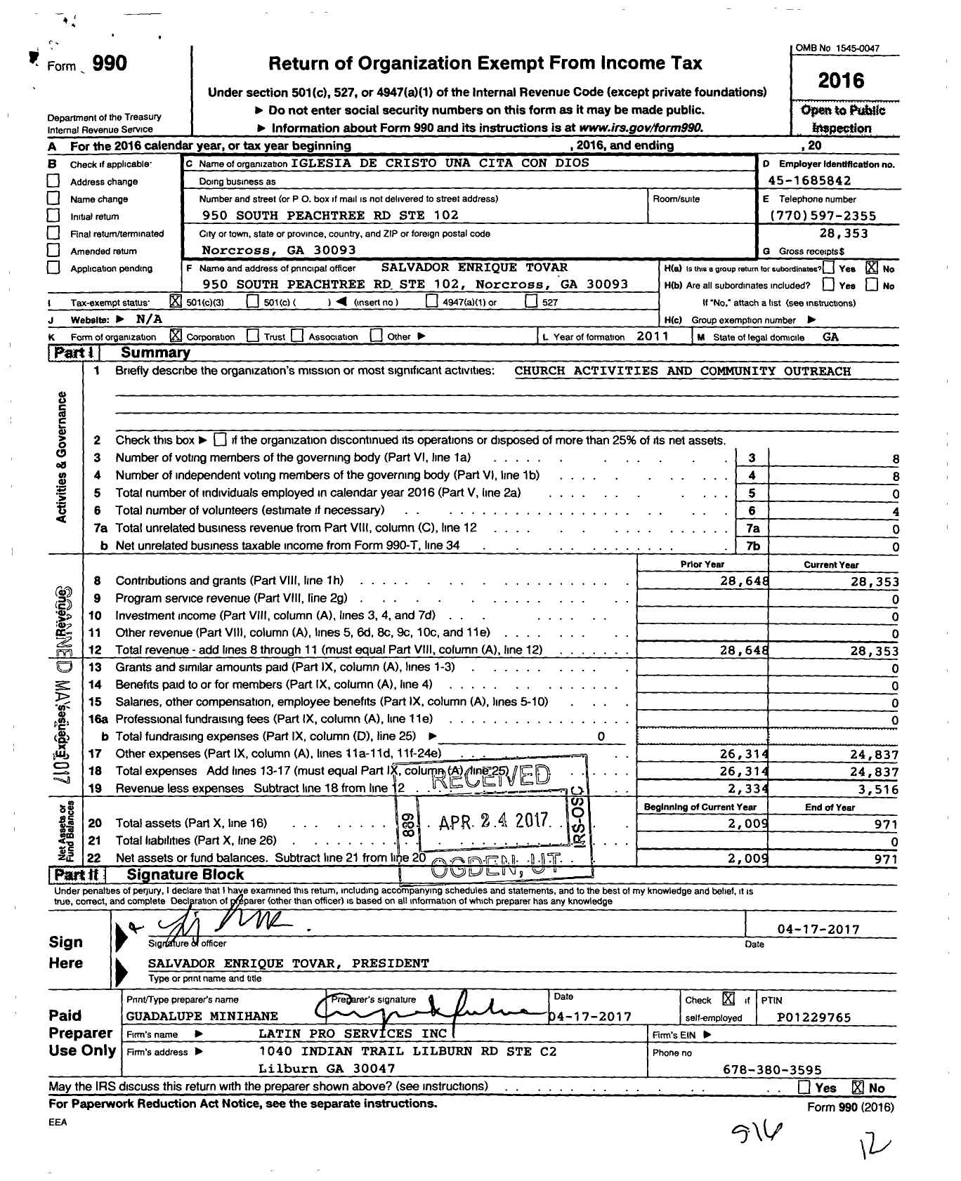 Image of first page of 2016 Form 990 for Iglesia de Cristo Una Cita Con Dios